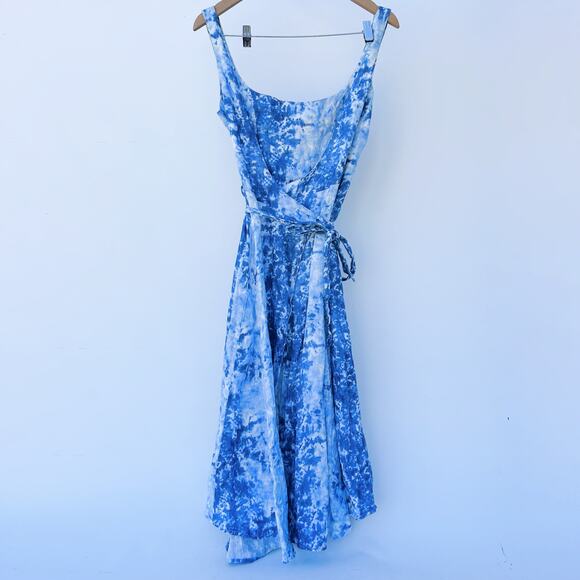 Reformation Garten Blue Tie Dye Wrap Midi Dress Linen Medium Low Back Spring - Picture 4 of 8